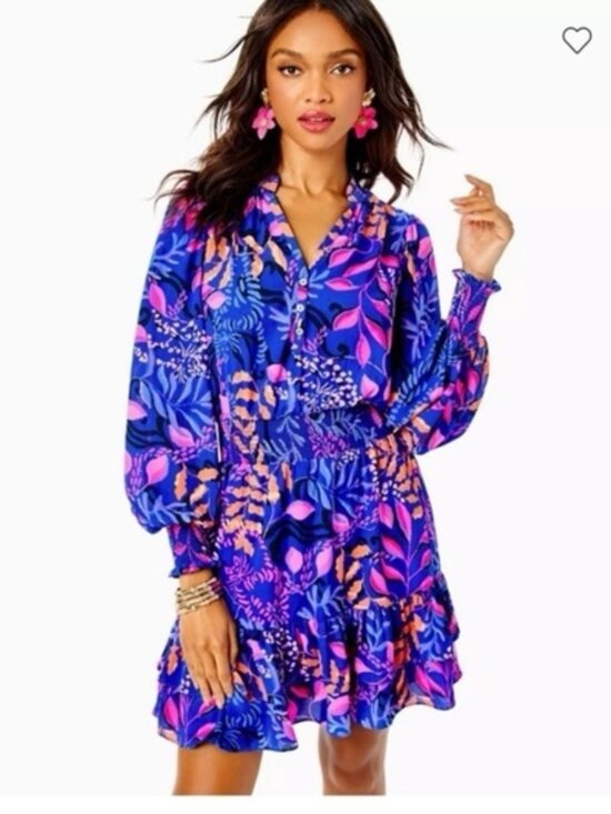 Lilly Pulitzer Dresses & Skirts - Lilly Pulitzer “Shilah” Botanical Print Tiered Dress Long Sleeve Mini Size Med